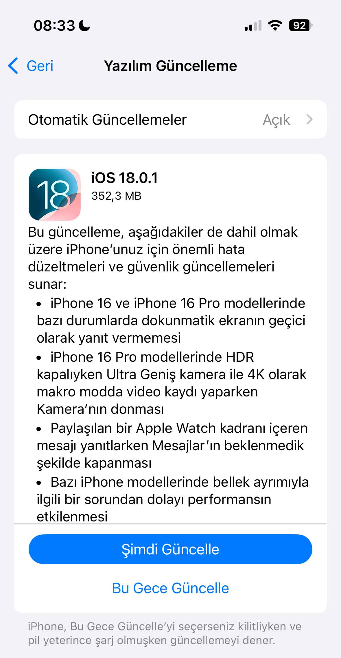 ios 18.0.1 yayımlandı