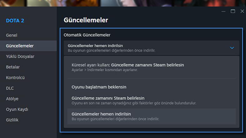 Steam güncelleme ayarları