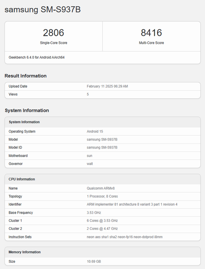 Samsung Galaxy S25 Edge Geekbench