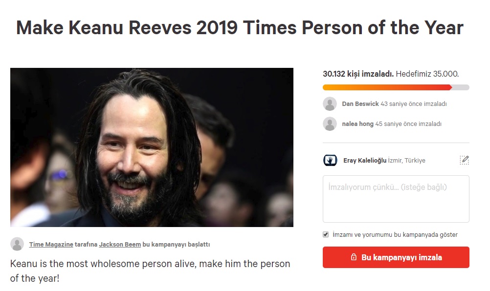 Keanu Revees Hayranlarından 'Yılın Kişisi' Kampanyası