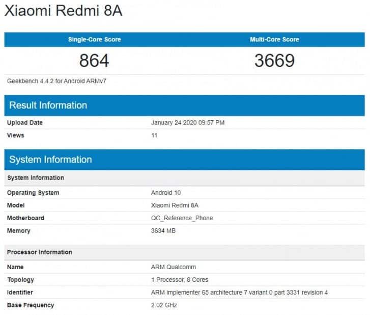 Android 10’a Sahip Xiaomi Redmi 8A Geekbench’te Ortaya Çıktı