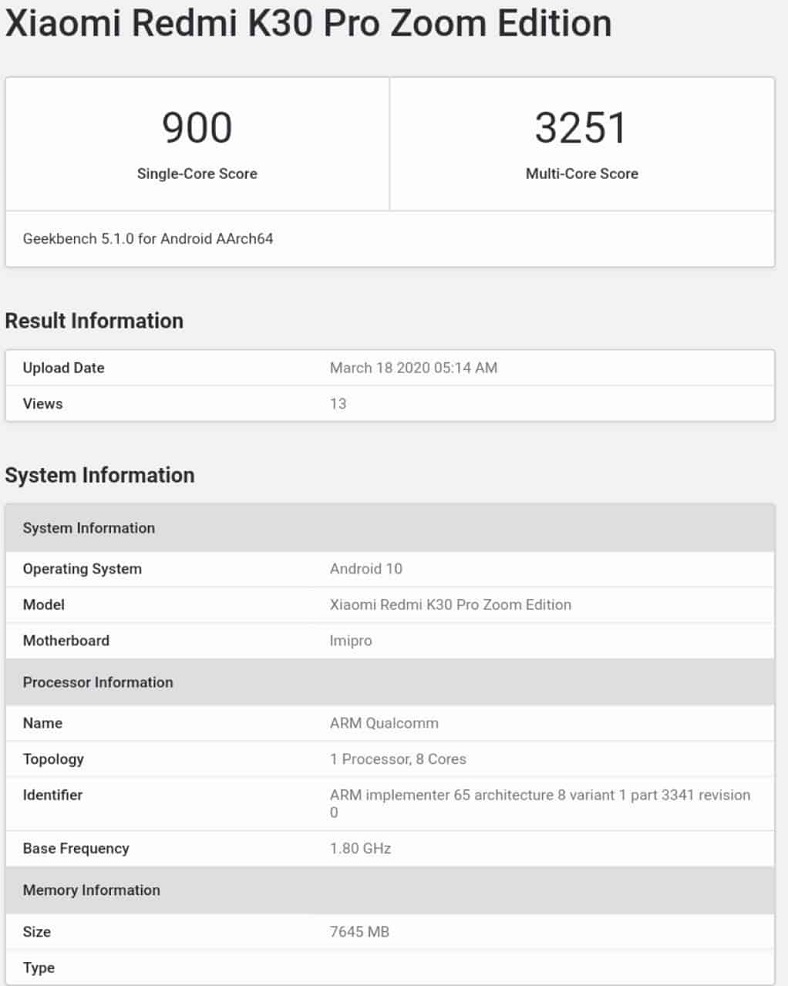 Redmi K30 Pro Zoom Edition’ın Özellikleri Geekbench’te Ortaya Çıktı