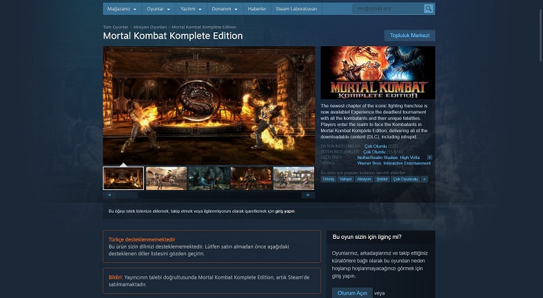 Mortal Kombat Komplete Edition Steam’den Kaldırıldı