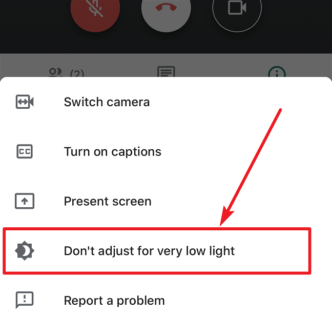 google meet, düşük ışık modu