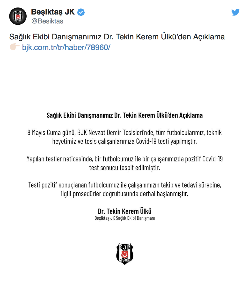 Beşiktaş’ta Biri Futbolcu 2 Kişide Koronavirüs Çıktı