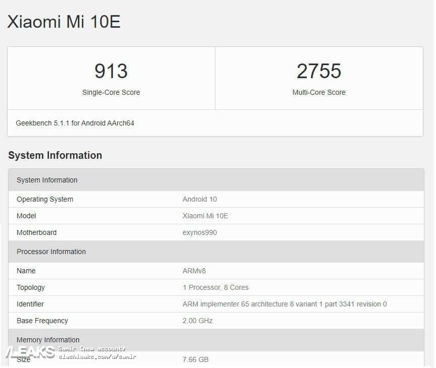 Xiaomi Mi 10E, Exynos 990 İşlemcisiyle Birlikte Geekbench’te Ortaya Çıktı