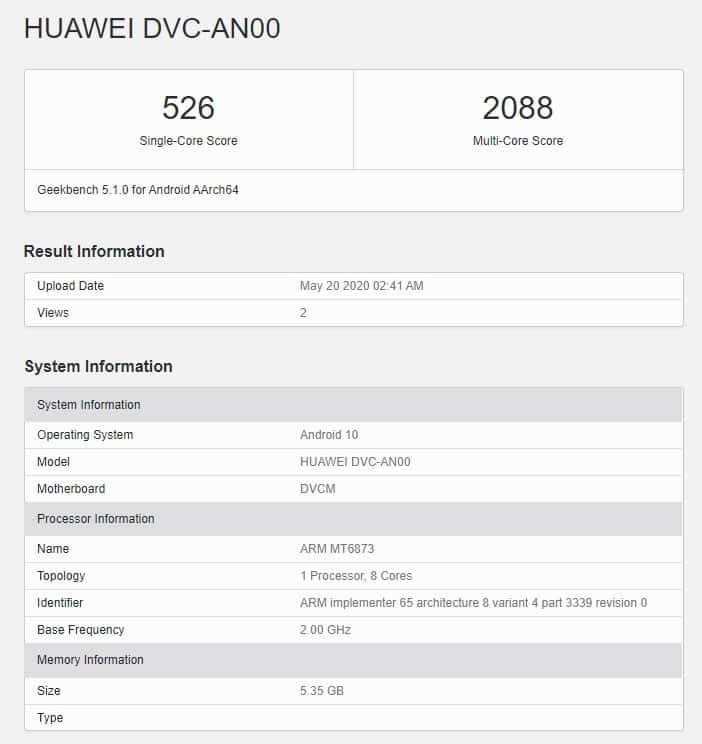 Huawei’nin MediaTek Dimensity 800’lü Yeni Akıllı Telefonu Geekbench’te Görüldü