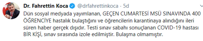 Sağlık Bakanı, MSÜ Sınavında Birçok Kişinin Koronavirüs Kaptığı İddiasına Yanıt Verdi