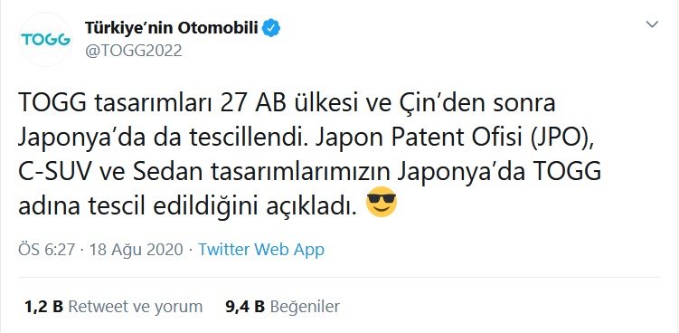 TOGG Tasarımları, AB ve Çin’den Sonra Japonya’da da Tescillendi