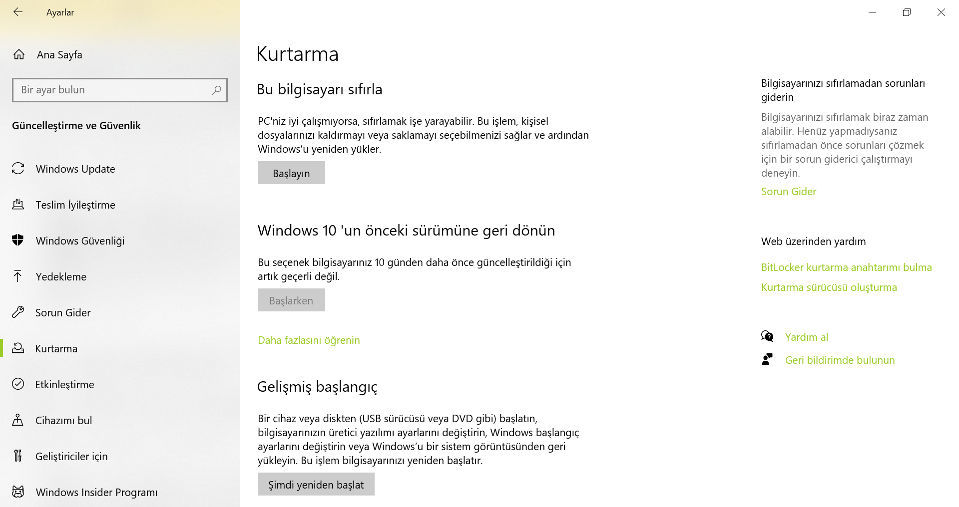 windows 10 güncelleme sorunu, önceki sürüm