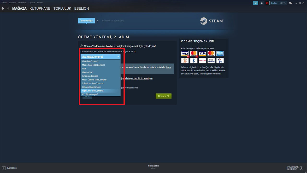 steam ödeme yöntemi sayfası