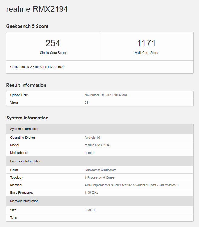 realme’nin RMX2194 Model Numarasına Sahip Cihazı Geekbench’te Ortaya Çıktı