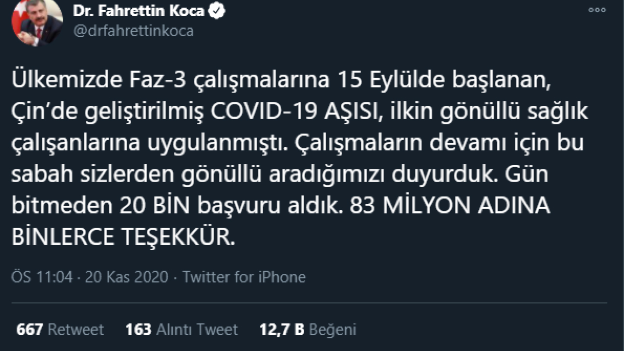 Sağlık Bakanı, Çin’den Getirilen Covid-19 Aşısının Testleri İçin Gönüllü Olan Kişi Sayısını Açıkladı