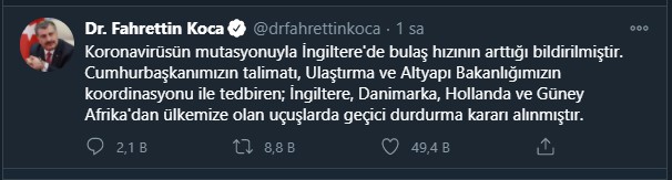 Türkiye, Bulaş Hızı Artan Mutasyonlu COVID-19 Nedeniyle İngiltere ve 3 Ülkeden Gelen Uçuşları Durdurdu