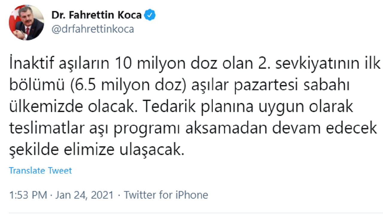 Sağlık Bakanı Fahrettin Koca, 6.5 Milyon Doz Aşının Ne Zaman Geleceğini Açıkladı