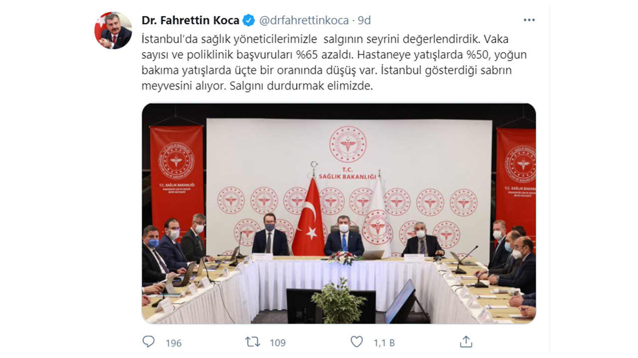 Fahrettin Koca: İstanbul’da Vaka Sayıları ve Poliklinik Başvurularında Yüzde 65 Azalma Yaşandı