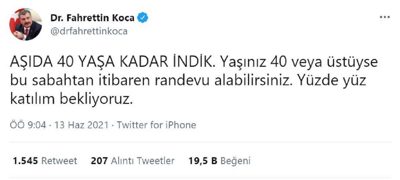 Sağlık Bakanı Koca’dan Aşı Açıklaması: 40 Yaş ve Üzerine Aşı Sırası Geldi