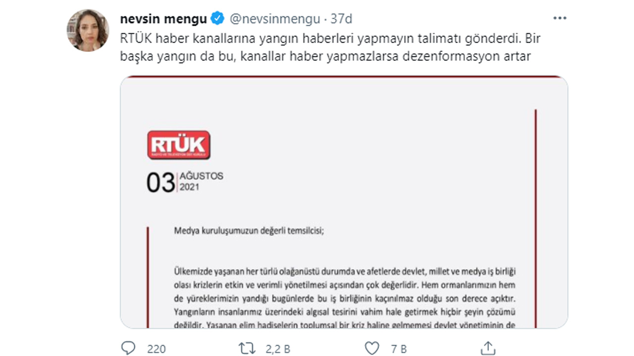 Gazeteci Nevşin Mengü’den Çok Tartışılacak İddia: RTÜK, Haber Kanallarına Yangın Haberleri Yapmayın Talimatı Gönderdi