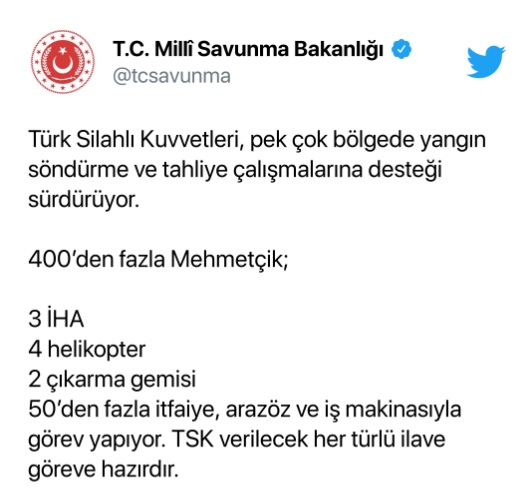 Milli Savunma Bakanlığı’ndan Yangınlar İçin ’Biz Zaten Sahadayız’ Mesajı Veren Paylaşım