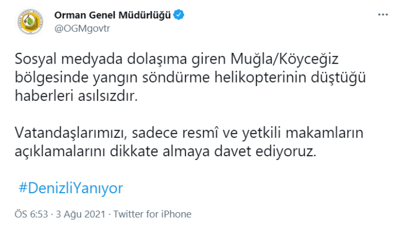 Orman Genel Müdürlüğü, Muğla’da Yangın Söndürme Helikopteri Düştüğü İddialarını Yalanladı