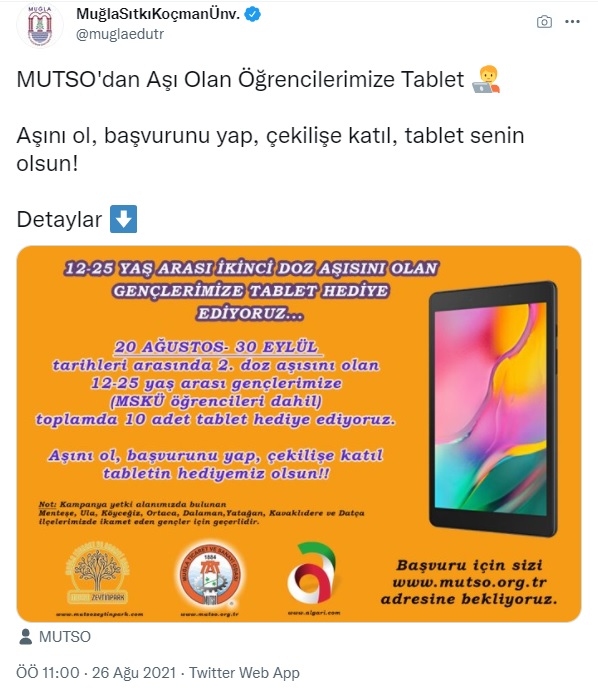 Muğla Sıtkı Koçman Üniversitesi, Aşı Olan Öğrencilere Tablet Verecek