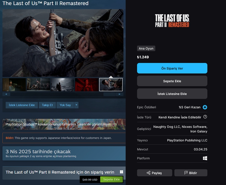 The Last of Us Part 2 Remastered PC Fiyatı Açıklandı (Beklenenden Çok Daha Ucuz)